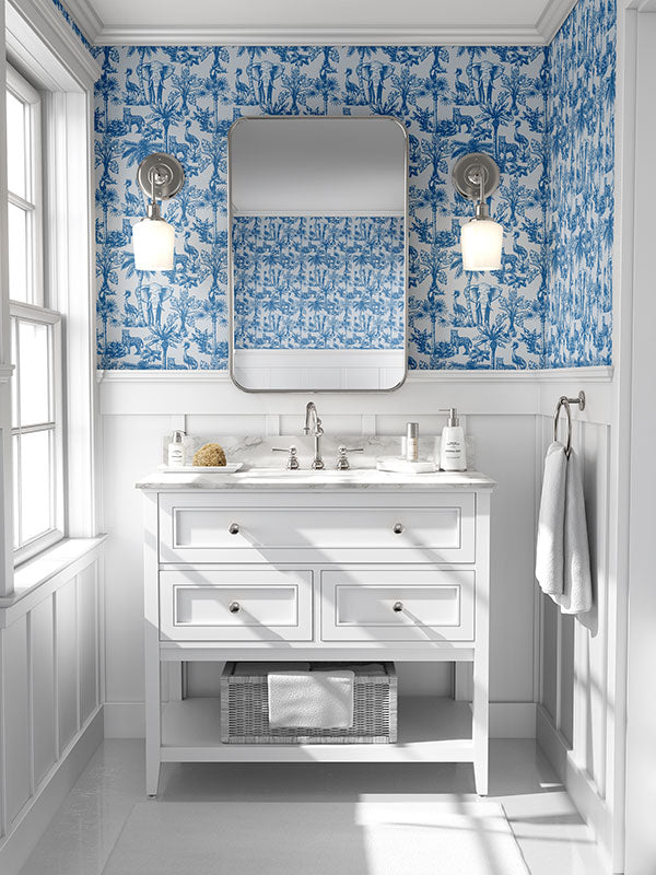 Peel and Stick Removeable Toile Wallpaper Blue and White