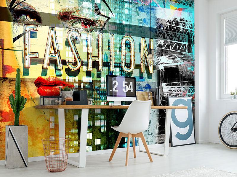 Beautiful model and distressed neon fashion sign amidst a science fiction apocalypse wall mural. Yellow, aqua, green red, black, and orange.