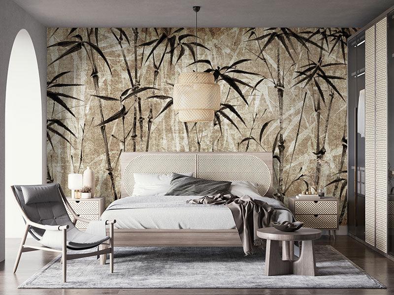 Graceful exotic bamboo makes a striking silhouette in black and cream against a background of beige with a parchment texture tropical BOHO wall mural.
