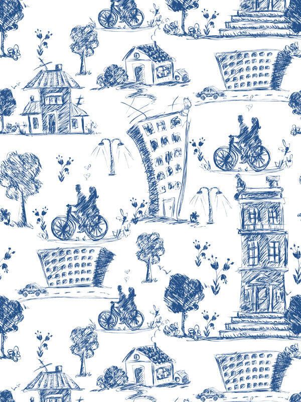 Blue City Toile Wallpaper