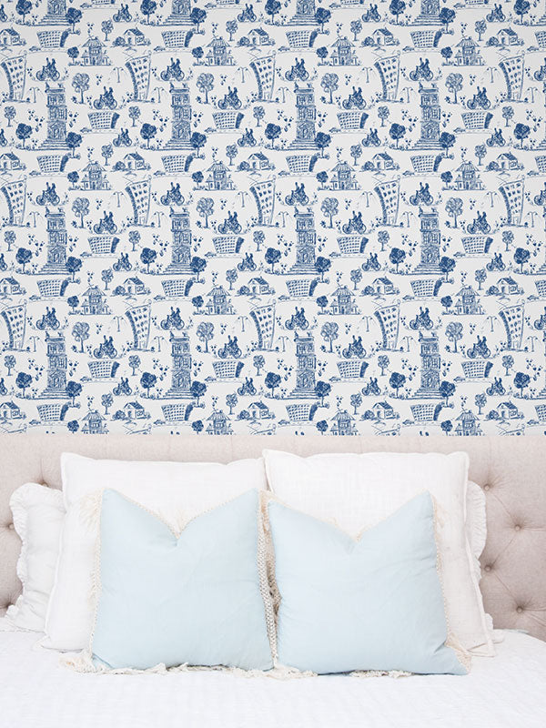 Blue City Toile Wallpaper