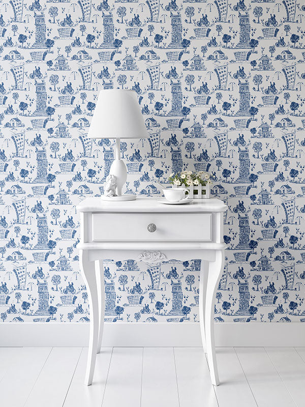 Blue City Toile Wallpaper