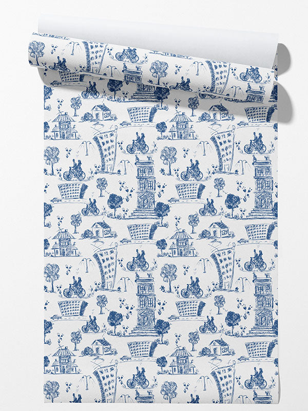 Blue City Toile Wallpaper