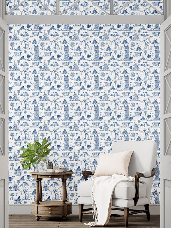 Blue City Toile Wallpaper