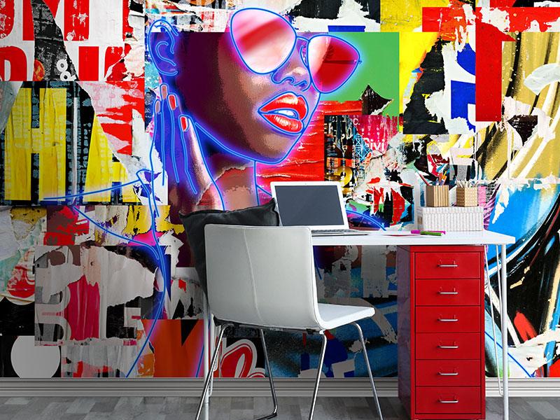 Graphic fresh pop culture image of a model outlined with neon and torn posters in bright bold colors wall mural.